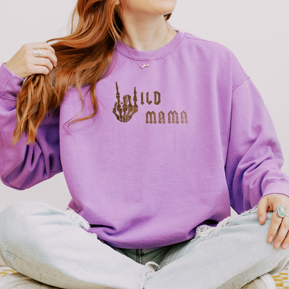 alternative crewneck jumper sweater embroidered with wild mam with a skeleton hand doing rock sign