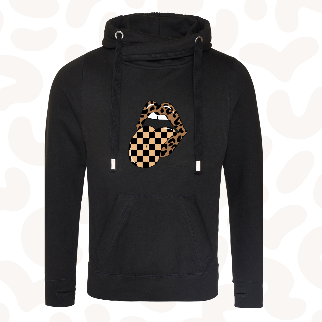 Womens Leopard print chequered mouth trendy cowl neck Hoodie