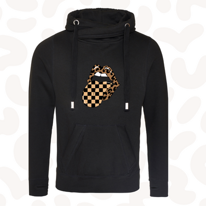 Womens Leopard print chequered mouth trendy cowl neck Hoodie