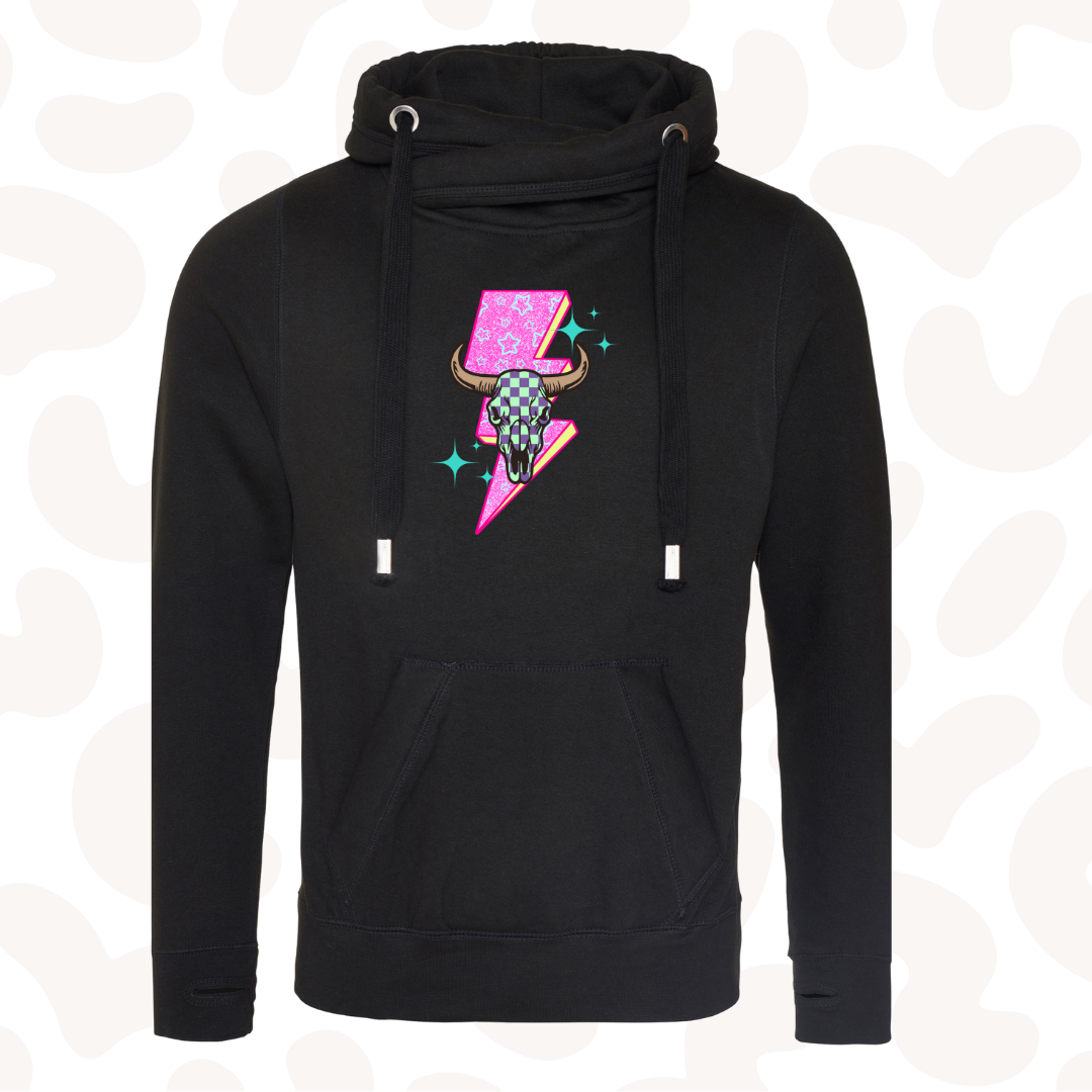 Womens western lightning bolt cowboy chequered mouth trendy cowl neck Hoodie