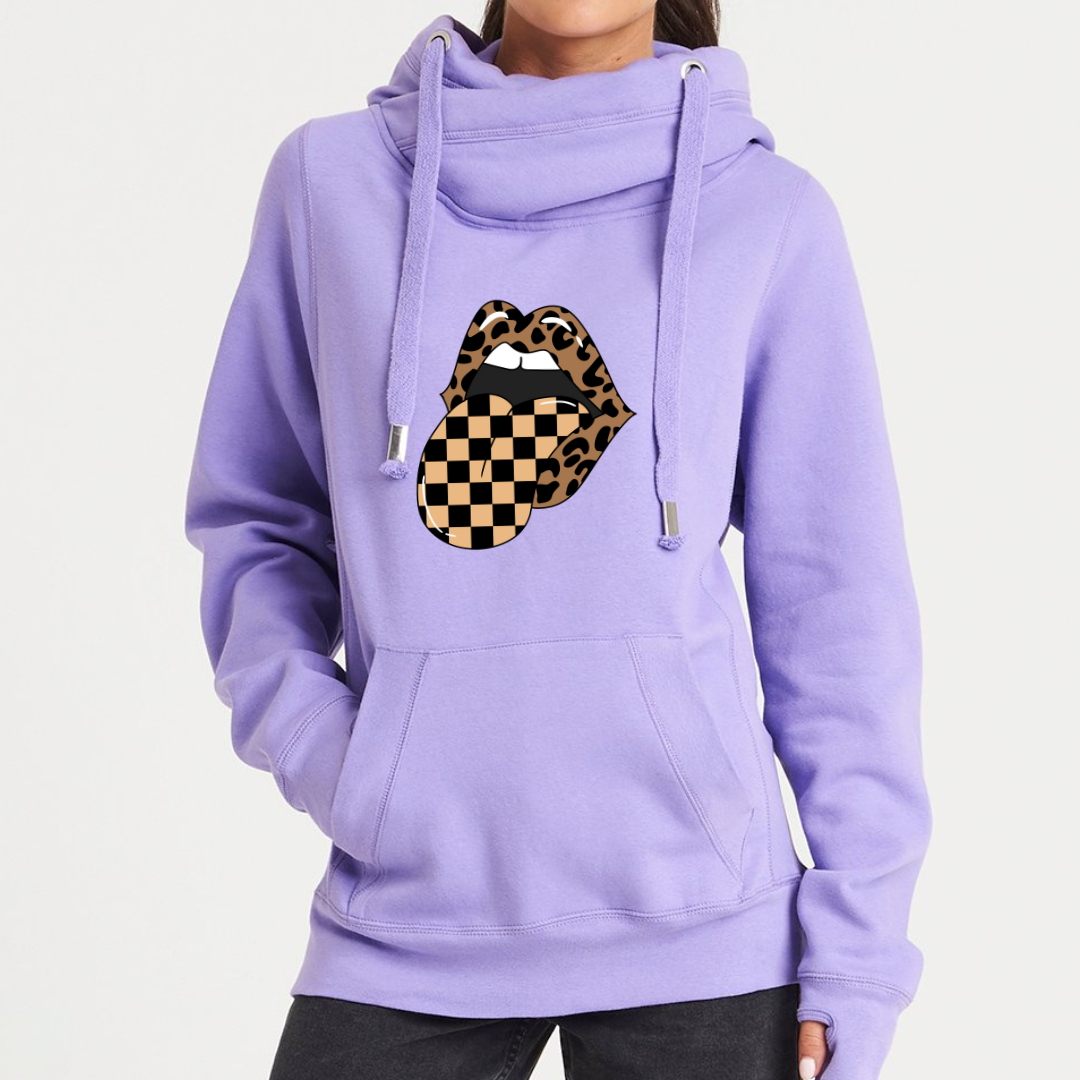 Womens Leopard print chequered mouth trendy cowl neck Hoodie