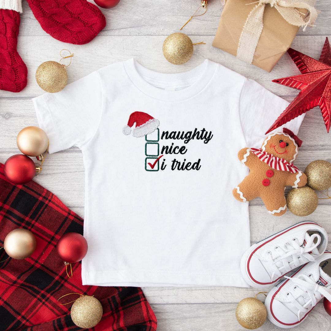 KIDS 📜 Naughty List, Nice List, ✅ I Tried Christmas T-Shirt