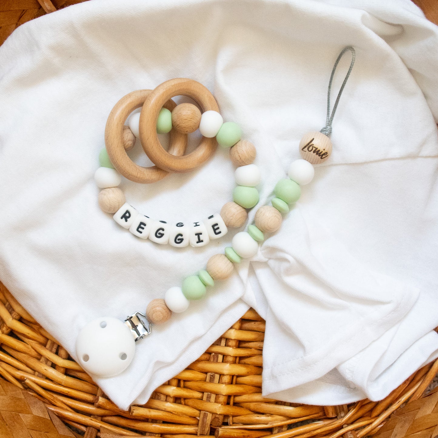 🌟 The White Collection: Personalised Teether & Dummy Clip Set 🍼