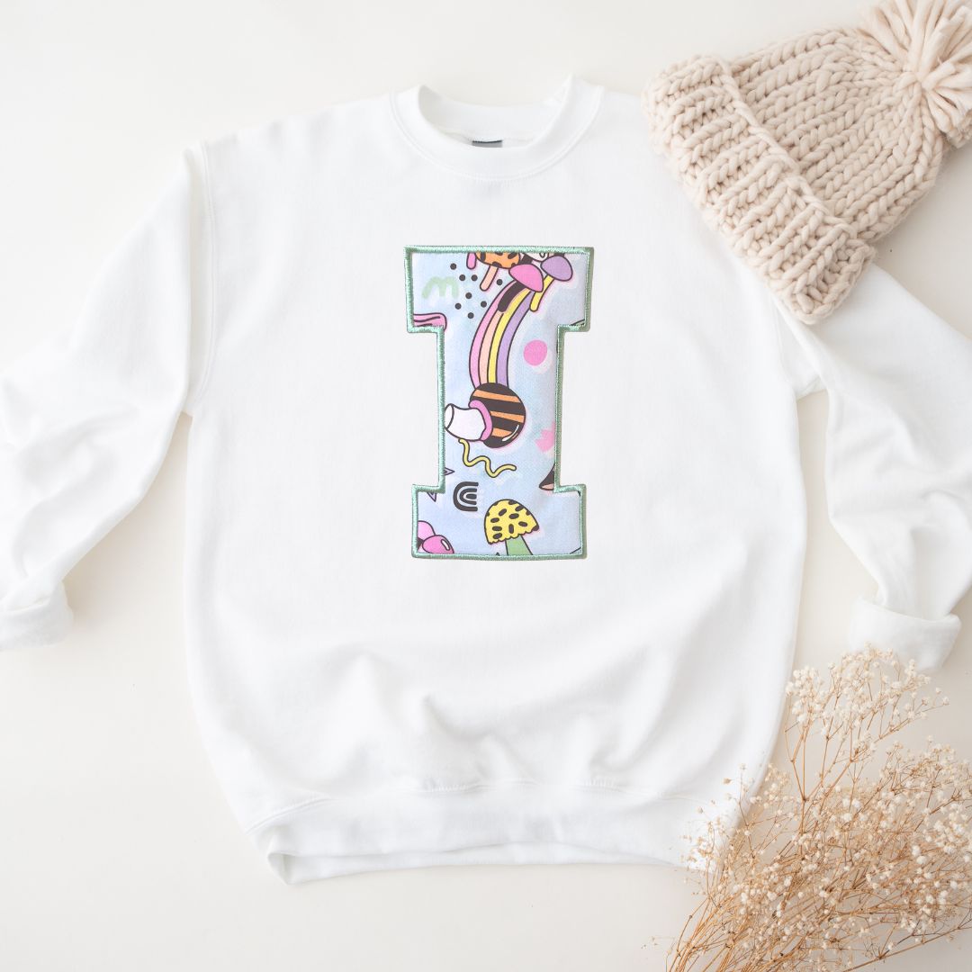 Personalised Applique Sweater Lilac Retro Mushroom 🤩 Initial or Birthday Age