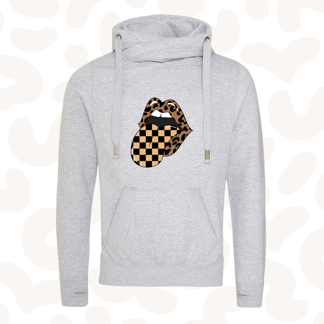 Womens Leopard print chequered mouth trendy cowl neck Hoodie
