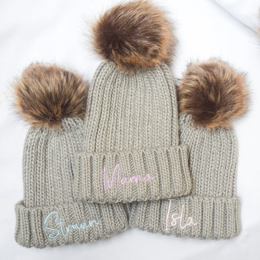 Adult Pom Pom bobble hat unisex faux fur bobble knitted personalised