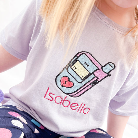 🍭Rad 90s Vibes! Personalised Kids T-Shirt with Embroidered Flip Phone 📞 | 100% Cotton | Retro Cool for Your Little Trendsetter