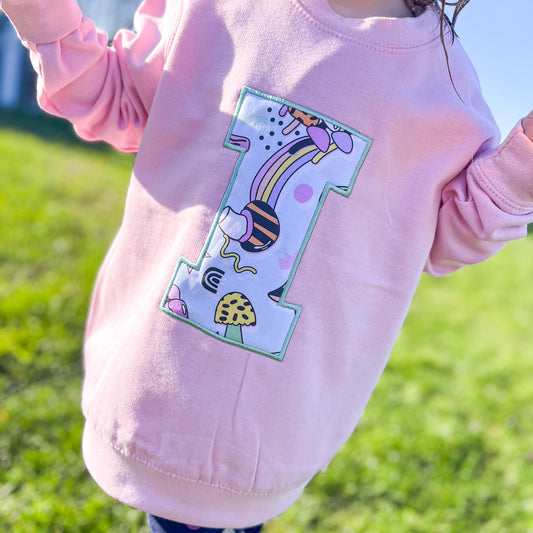 Personalised Applique Sweater Lilac Retro Mushroom 🤩 Initial or Birthday Age