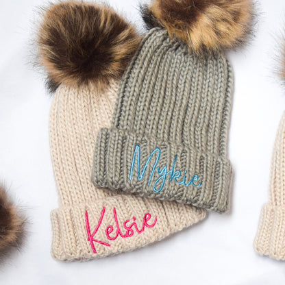 Kids Pom Pom bobble hat unisex faux fur bobble knitted personalised