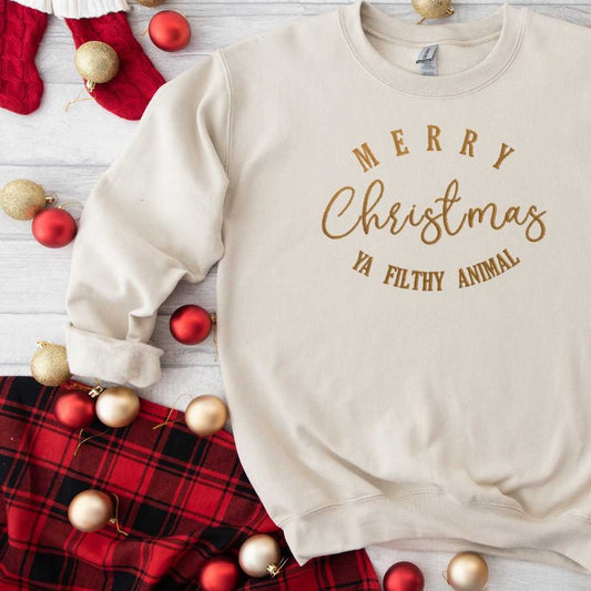 kids christmas Sweater Jumper Merry Christmas ya filthy animal - brass