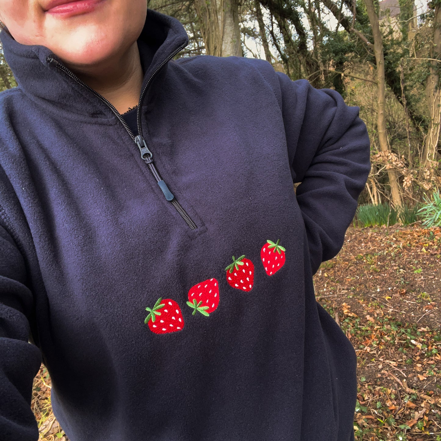 embroidered strawberry fleece comfy oversized