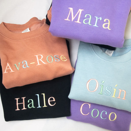 kids custom embroidered personalised jumper in multicolour with rainbow pastel thread