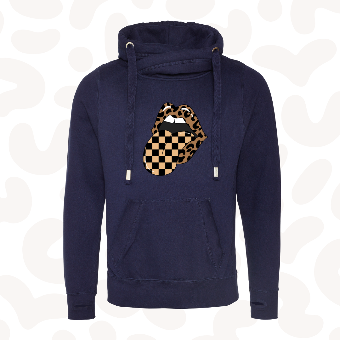 Womens Leopard print chequered mouth trendy cowl neck Hoodie