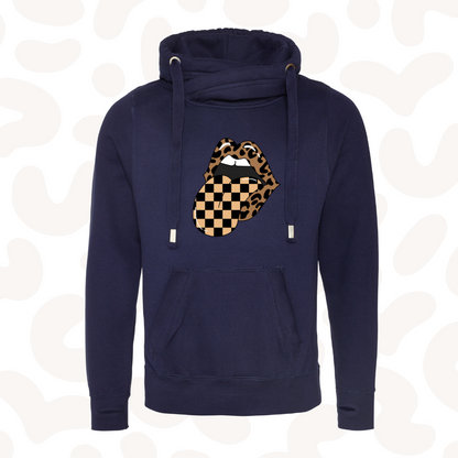 Womens Leopard print chequered mouth trendy cowl neck Hoodie