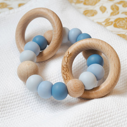 Teething Toy Rattle Baby Gift - Powder blue, Pastel Blue, Creamy Blue