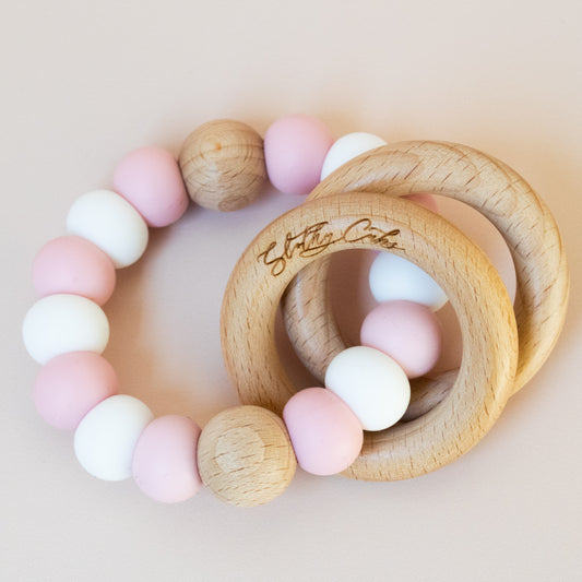 Teething Rattle - Classic Baby Pink and White