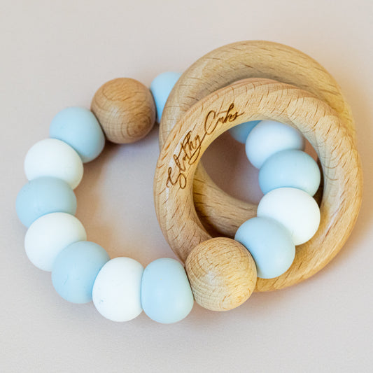 Teething Rattle - Classic Baby Blue and White